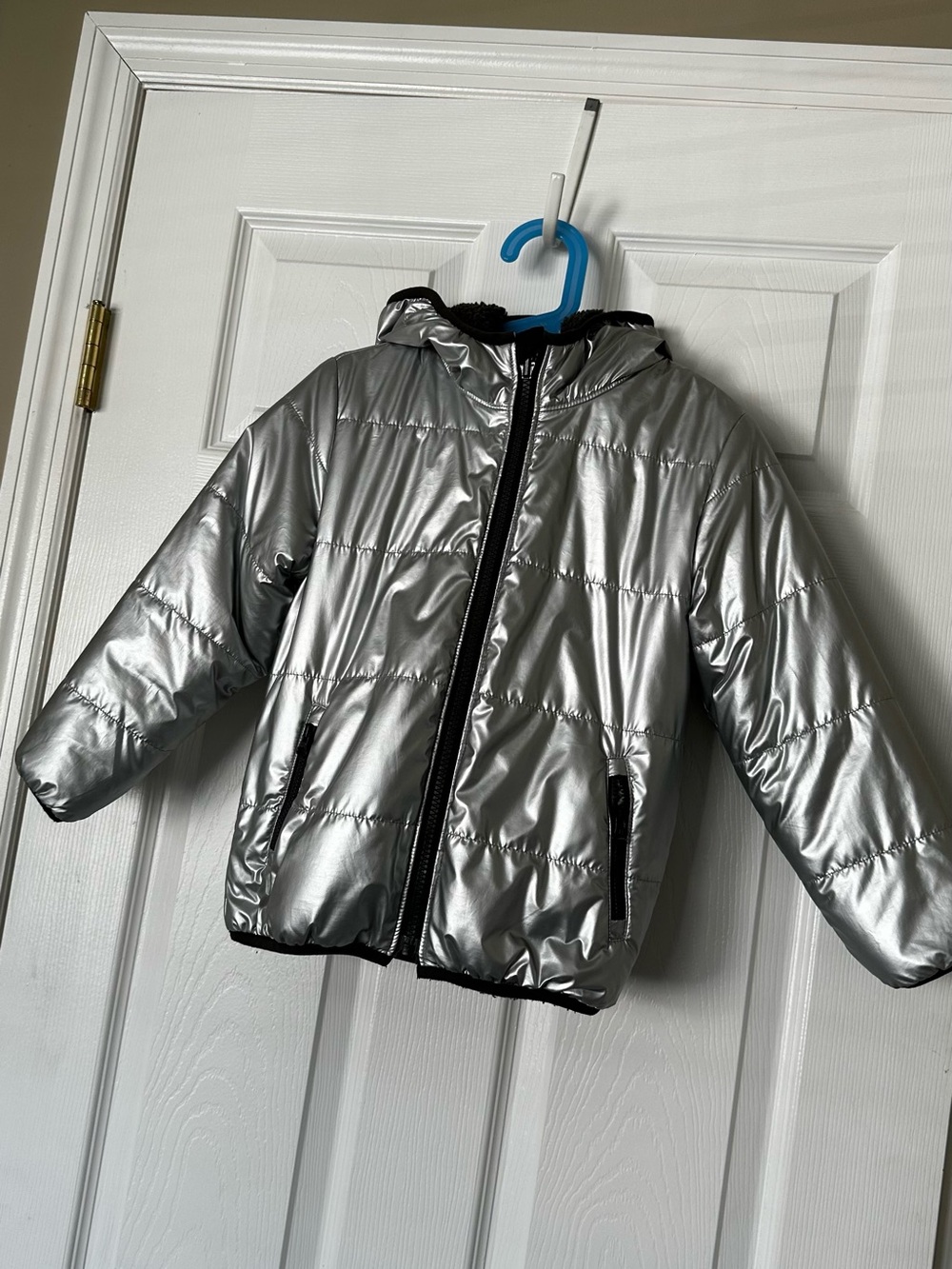 Kids Silver Hooded shearling Jacket - Cozy & Shiny Outerwear (double sided)